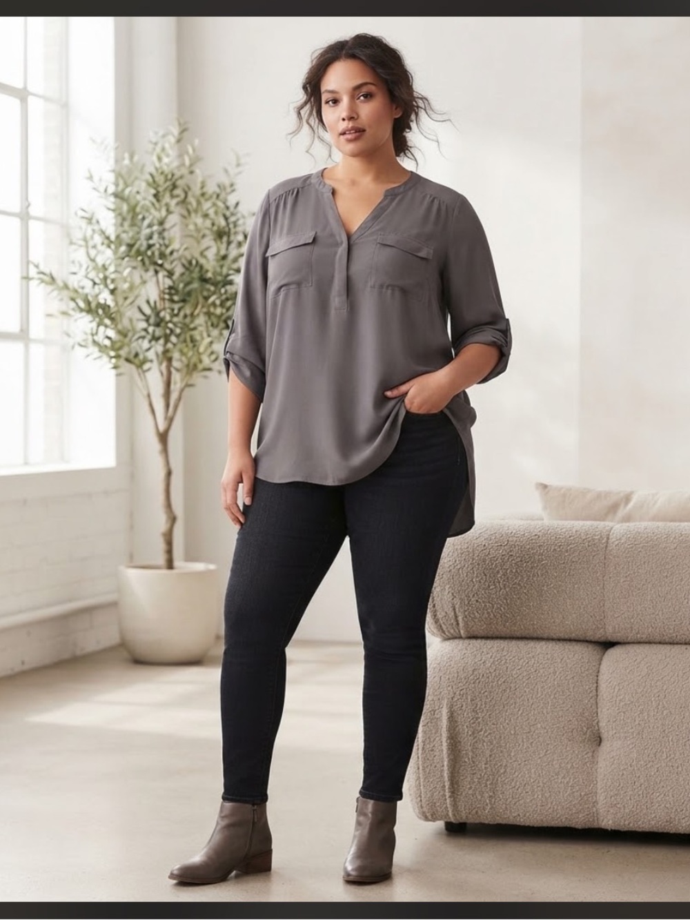 Torrid Challis Roll-Tab Pocket V-Neck Utility Blouse Size 0 (US 12)